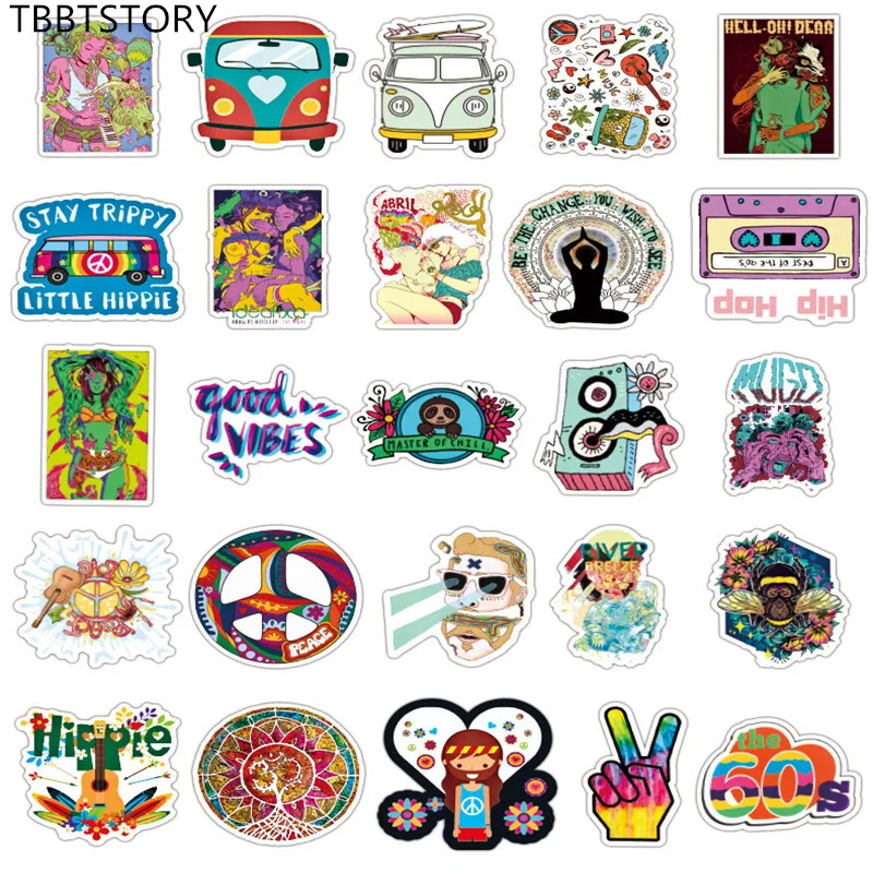 50Pcs Hippie Graffiti Sticker for Guitar Suitcase Luggage Phone Laptop Skateboard Bicycle Motorcycle Car Waterproof Stickers