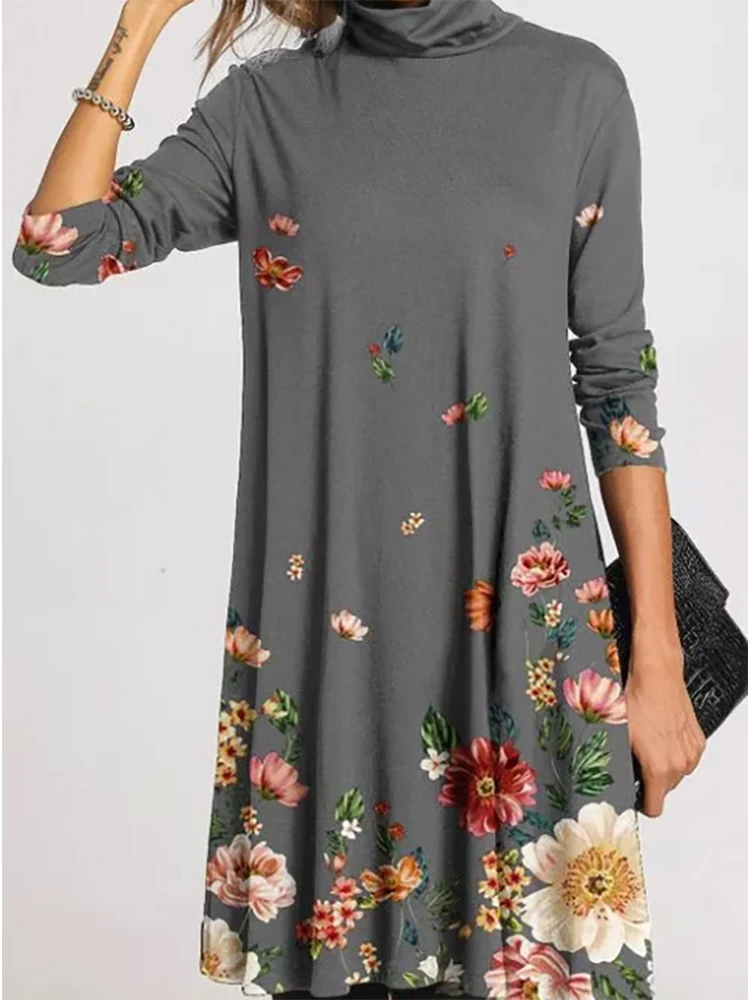 2020 invierno de cuello alto cálida estampado Vintage vestido de las mujeres de otoño elegante manga larga Patchwork Vestidos Casual Vestidos