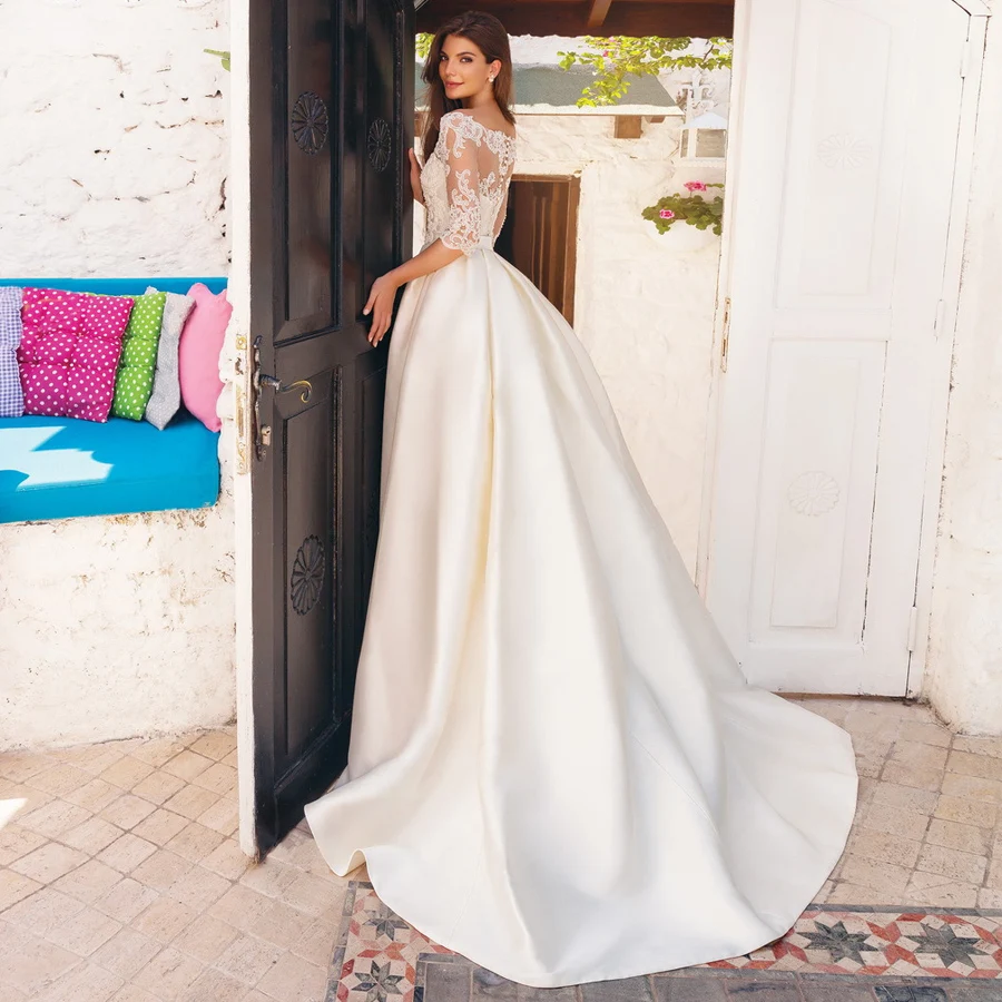 Elegant-Long-Sleeves-Satin-Wedding-Dresses-V-neck-Pearls-Applique-A-line-Bridal-Gown-Robe-De (2)