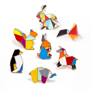 

Colorful Geometric Origami Animal Brooches Crane Cat Rabbit Swan Bear Elephant Horse Penguin Enamel Pins Bag Metal Badge Jewelry