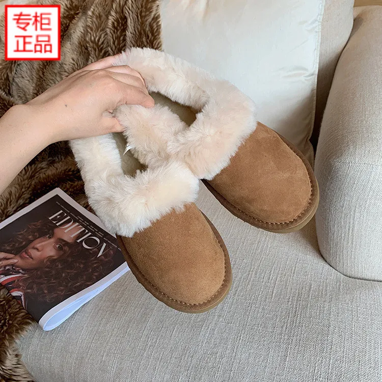 

Genuine Leather Snow Boots 2019 Autumn And Winter round Flat Korean-style Fluffy Shoes Cotton Boots Fur Warm Wool Cotton-padded