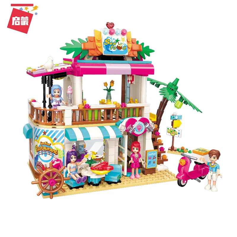 

ENLIGHTEN Building Blocks 2021 Beach Seafood Restaurant GIRL'S Educational Assembled Toys Small Particles Inserted Building Bloc