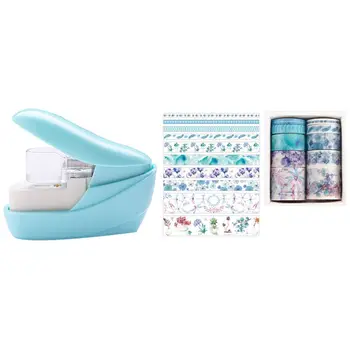 

1 Pcs Staple Stapling Machine Mini Cute Book Stapleless & 10Pcs Kawaii Washi Tape Set Japanese Paper Stickers