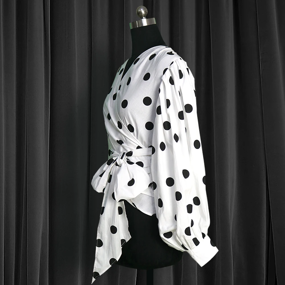 Women White Blouse Polka Dot Long Lantern Sleeve V Neck with Sashes Elegant Office Ladies Classy Tops Shirt Bluas Plus Size XXL