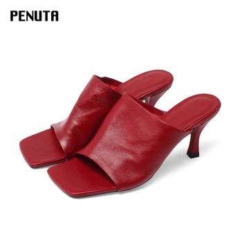 

2020 PENUTA Soft Slippers Women Square Toe Genuine Leather Mules High Heel Fashion Design Shoes Red Black Plus Size 34-43 T0031