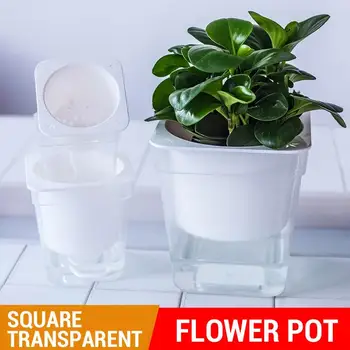 

Garden Pot Square Transparent Self Watering Baskets Hydroponic Plants Office Plant Grow Basin Flowerpot White Plastic Vase