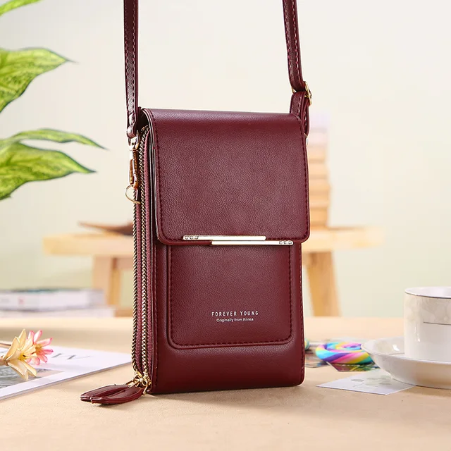 Soft Leather Wallets Touch Screen Mobile Phone Bag for Female Mini Card Holder for Key Coin Purse Vertical Crossbody Money Bags Red