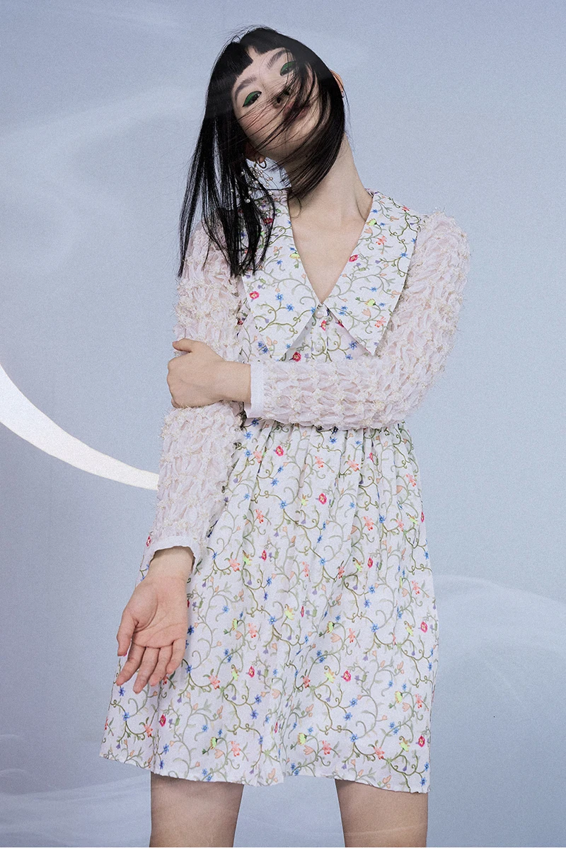 [EAM] женское плиссированное платье с рисунком, с разрезом, новинка, v-образный вырез, длинный рукав, свободный крой, мода, весна-осень, 1K406