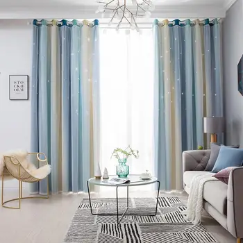 

Gradient Hollow Star Curtain Hot Selling Soft Surface Delicate Breathable Full Blackout Window Drapes for Living Room Bedroom