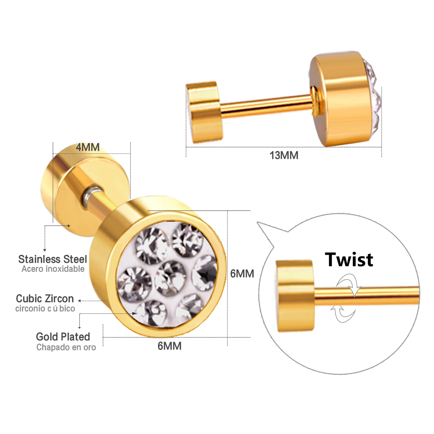 Серьги LUXUSTEEL из нержавеющей стали 2020 с винтовой задней частью круглые фианитами