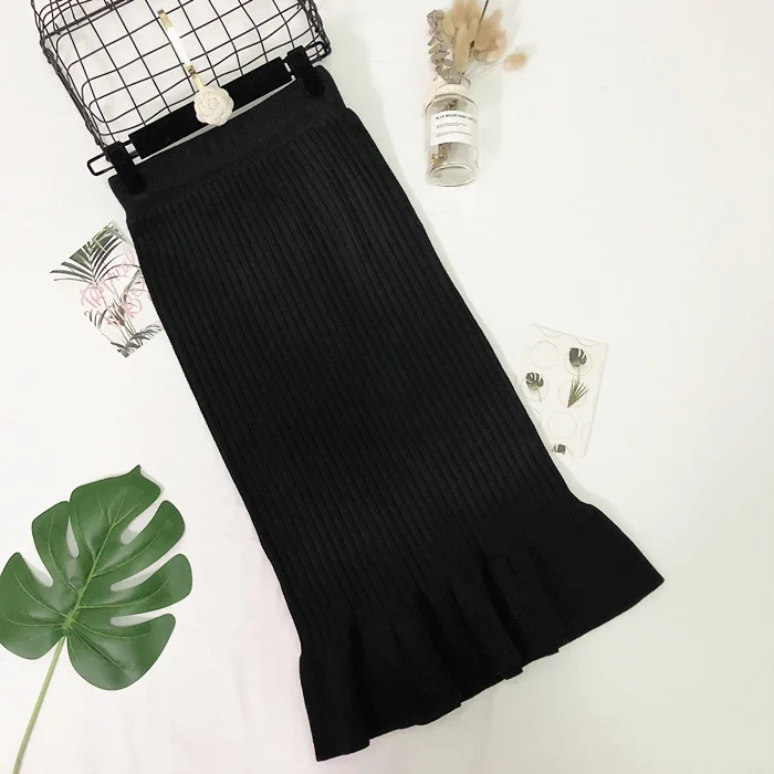 TMWEVN Lotus Lace High Waist Skirt Long Skirt Wrapped Buttocks Knitted Skirt Wool Skirt Fish Tail Skirt