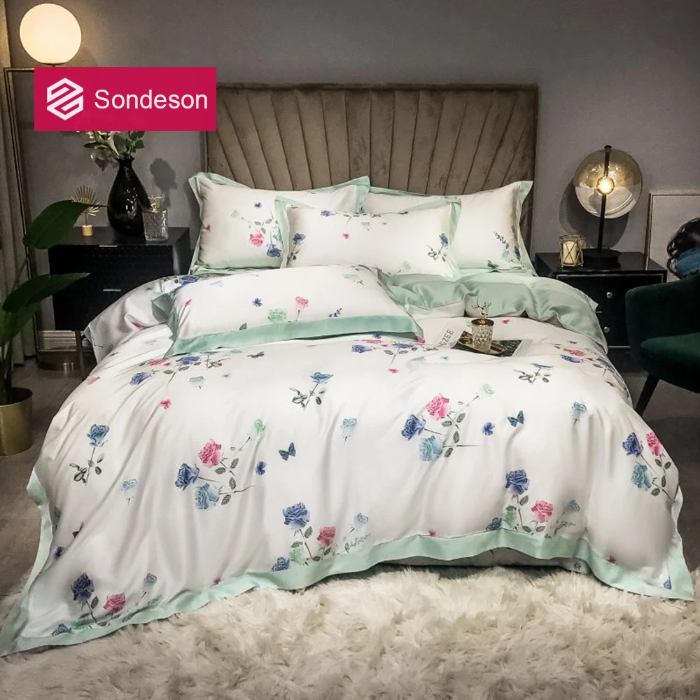 

Sondeson Women 100% Silk Rose Bedding Set 25 Momme Silk Soft Duvet Cover Set Pillowcase Flat Sheet Bedspread Queen King 4PCS