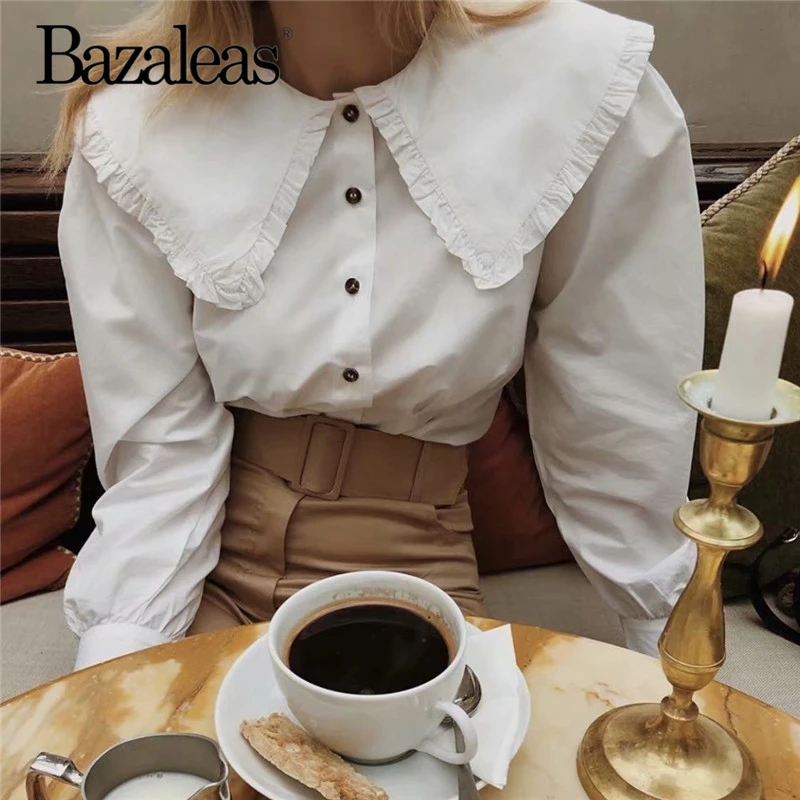 

Bazaleas White Center Buttons womens tops and blouse Vintage Ruffles Big Turn Down Collar blusas Casual blusa feminina