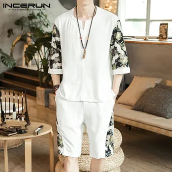 

Chinese Style Cotton Men Sets 2020 Patchwork Streetwear Half Sleeve Vintage Shirts Shorts Summer Casual Men's Suit INCERUN S-3XL
