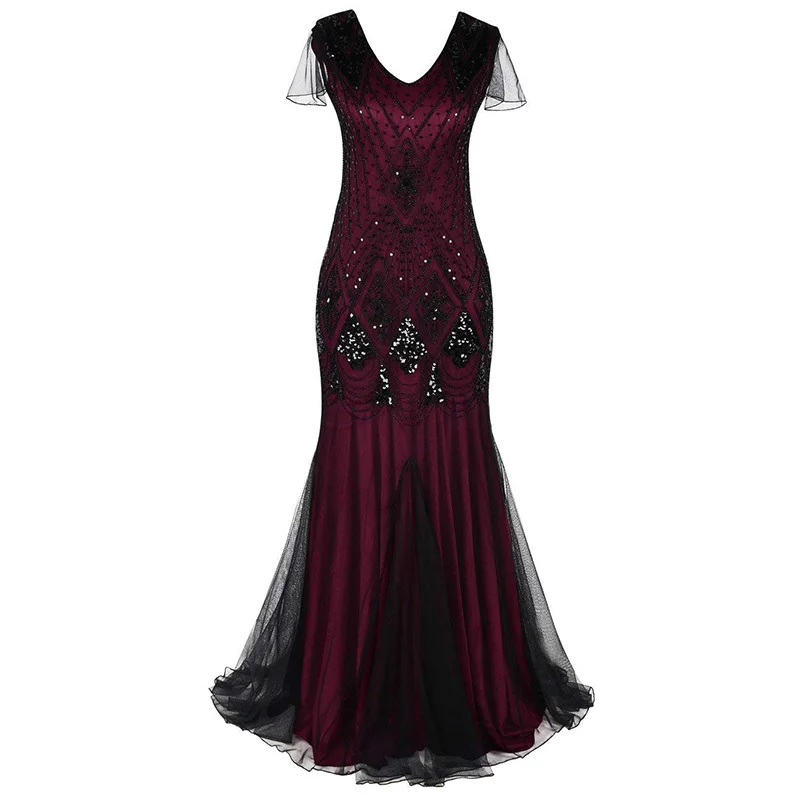 Летнее женское винтажное платье в пол с блестками, модное элегантное платье с бусинами, повседневное приталенное платье макси с коротким рукавом - Цвет: 6