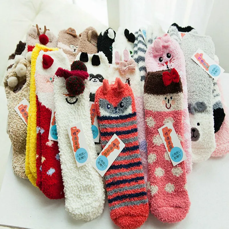 Рождественские носки, рождественские объемные пушистые коралловые бархатные толстые теплые зимние носки для женщин, подарок на год, носки с коробкой