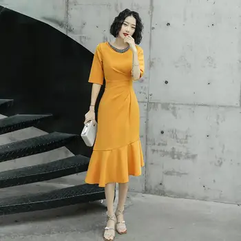 

2020 New Evening Party Dress Oversize 3XL Sexy Women Evening Prom Gowns Yellow Slim Formal Dress Round Collar Cheongsam