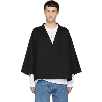 

Men's shirt kimono simple and loose 7 / 4 sleeve European and American high street show fashion spring and summer top and coat v