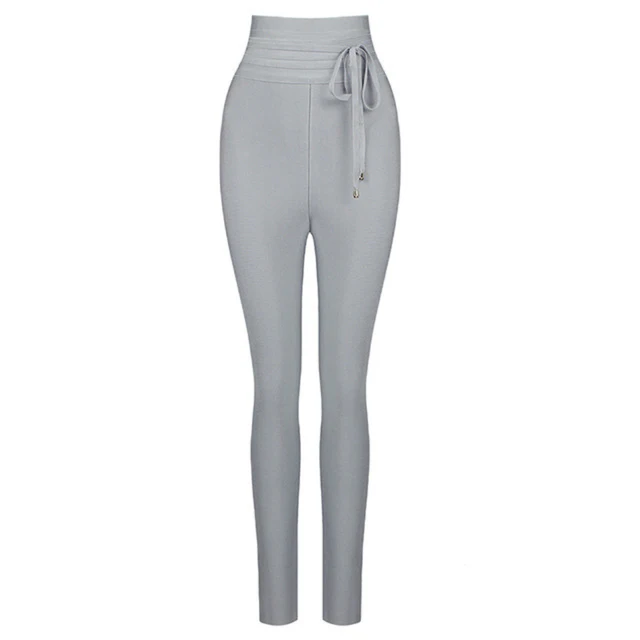 2021 Summer New Women Pants Sexy Strappy Pants Elegant High Waist Full Length Pencil Pants Celebrity Club Party Vestidos Light Gray