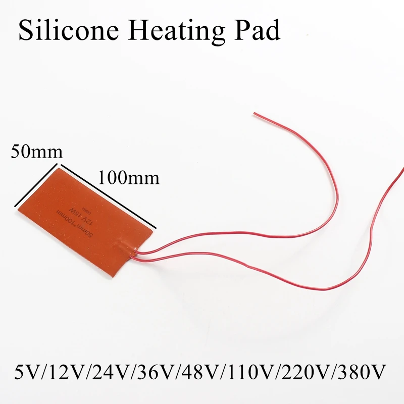 100x50 мм, 5 В, 12 В, 24 В, 36 В, 48 В, 110 В, 220 В, 380 В, силиконовая грелка, резиновый коврик с подогревом, пластина с подогревом, гибкий водонепроницаемый 3D-принтер