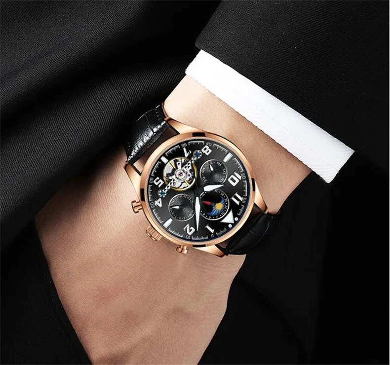 Многофункциональные часы tourbillon для мужчин люксовый бренд Moon фазный Автоматический Механические часы полый маховик мужские часы новые