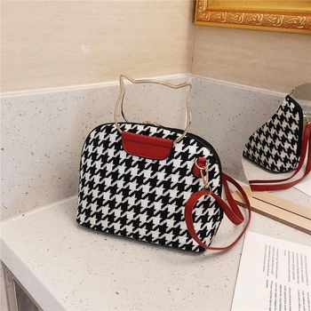 

Popular Simple Female Daily Bag Fashion Shoulder Messenger Bag Women PU Woolen Splicing Shell Cat Handle Totes