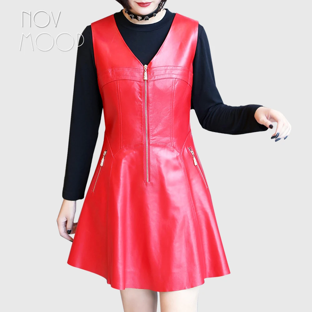 

Novmoop sweet style black red V-neck sleeveless sheepskin genuine leather dress with zipper decor robe hiver femme LT2887