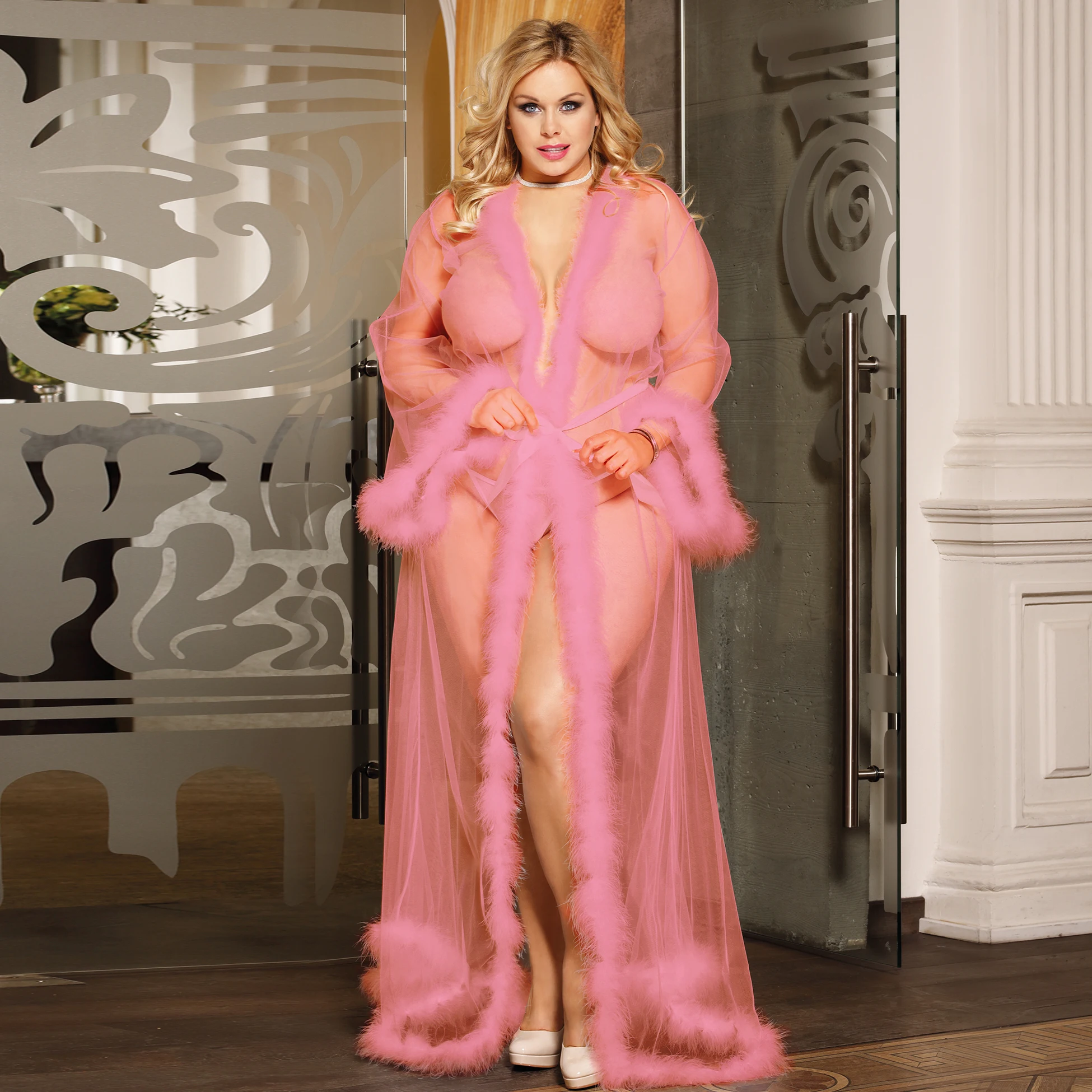 Sexy Dressing Gown Female Transparent Red Sexy Robe Femme Long Sleeves Negligees Women's Nightgowns Plus Size Peignoir for Women