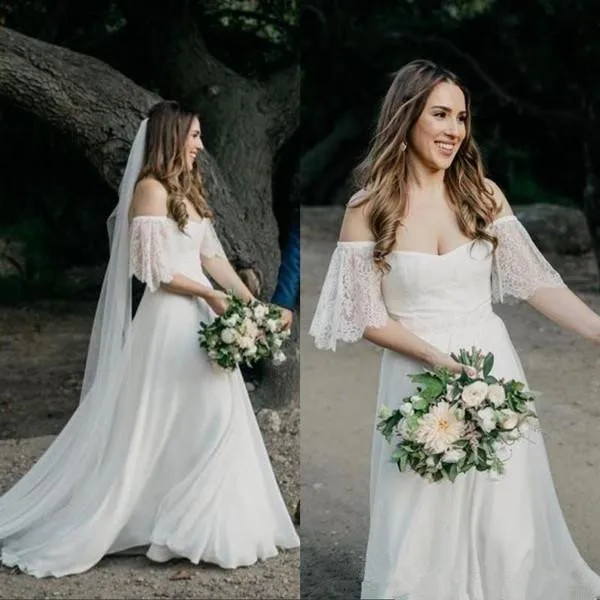 Boho пляжные свадебные платья Линия с открытыми плечами развертки Свадебные платья на прокат Кружева шифон свадебное платье с открытой спиной Vestido De Novia