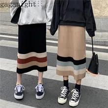 Gaganiht, винтажная полосатая длинная Плиссированная юбка, для женщин, эластичная, высокая талия, Осень-зима, вязаные юбки, женские, Ретро стиль, Fladas, модная
