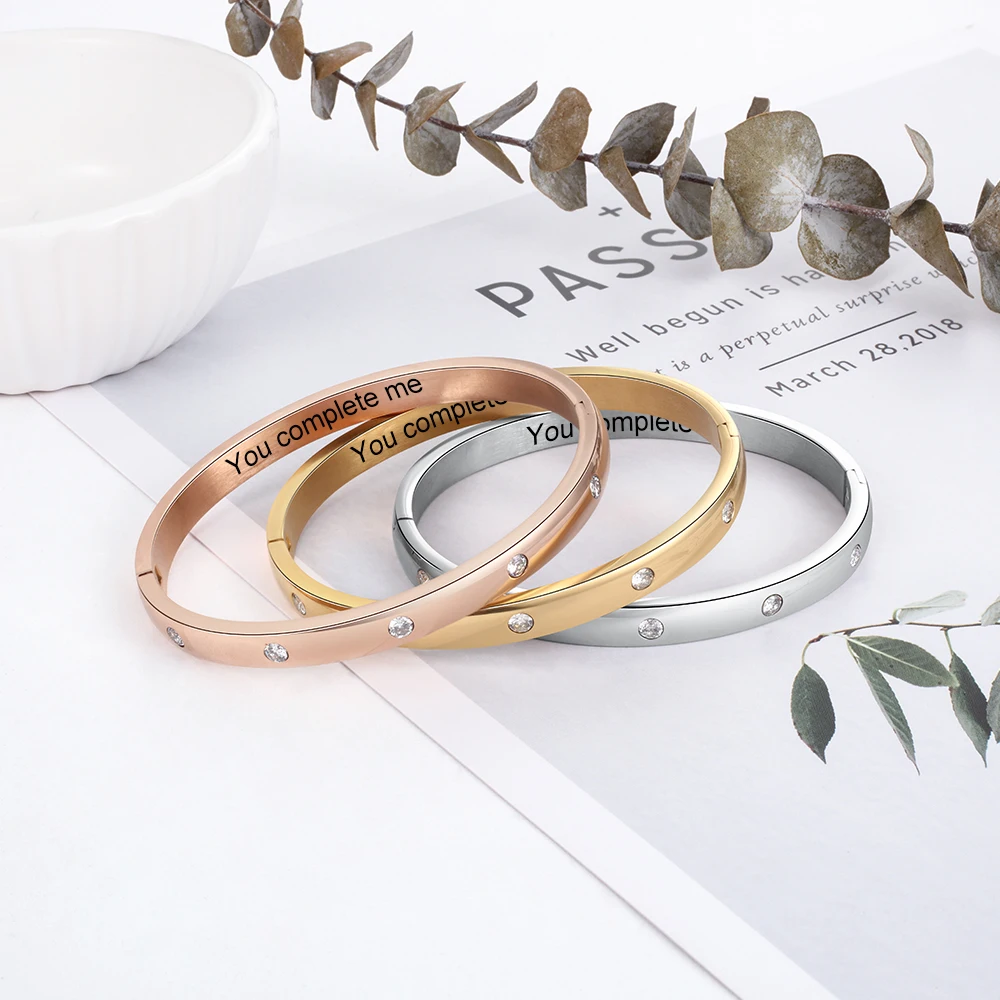 

Customized Stainless Steel Engraved Bracelets For Women AAA Cubic Zirconia Charm Bracelets & Bangles Best Friends Gift