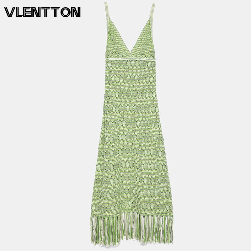 

2020 Summer Vintage Plaid Knit Tank Maxi Dress Women Sexy V-Neck Sleeveless Tassel A-Line Bodycon Party Dresses Ladies Vestidos