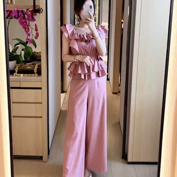 

High Fashion Summer Pants Two Piece Set Women 2020 New Designer Elegant Lady Outfits Slash Neck Ruffles Top and Pants Suit Sets