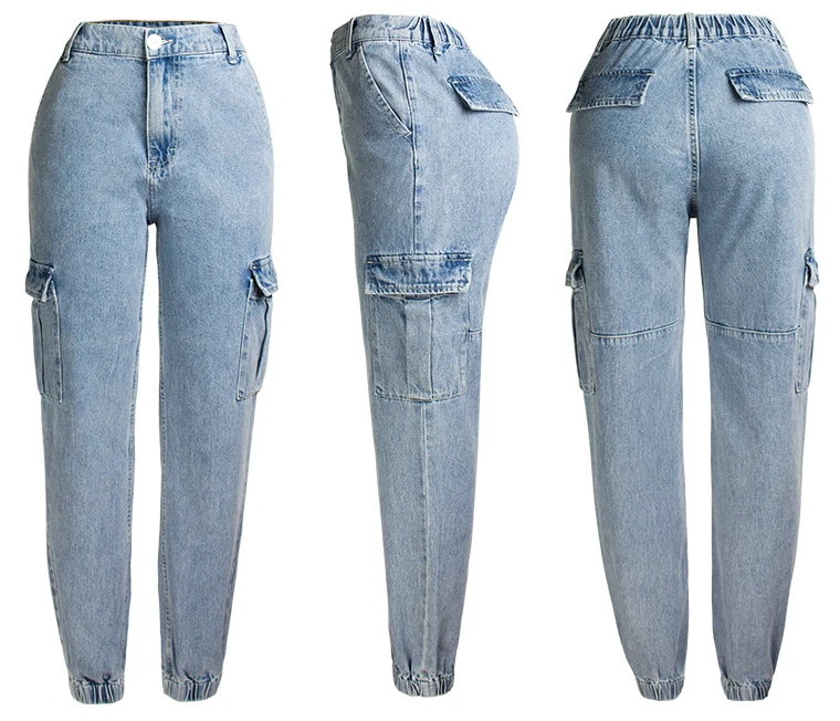 Осенние новые женские джинсы с высокой талией свободные широкие джинсовые штаны-шаровары женский эластичный пояс большие карманные джинсы с инструментами D490