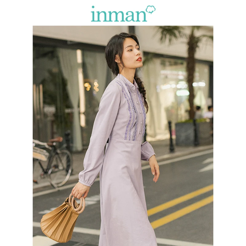 

INMAN Spring Autumn Winter Elegant Little Turn Down Collar Contrast Embroidery Defined Waist A-line Purple Women Dress