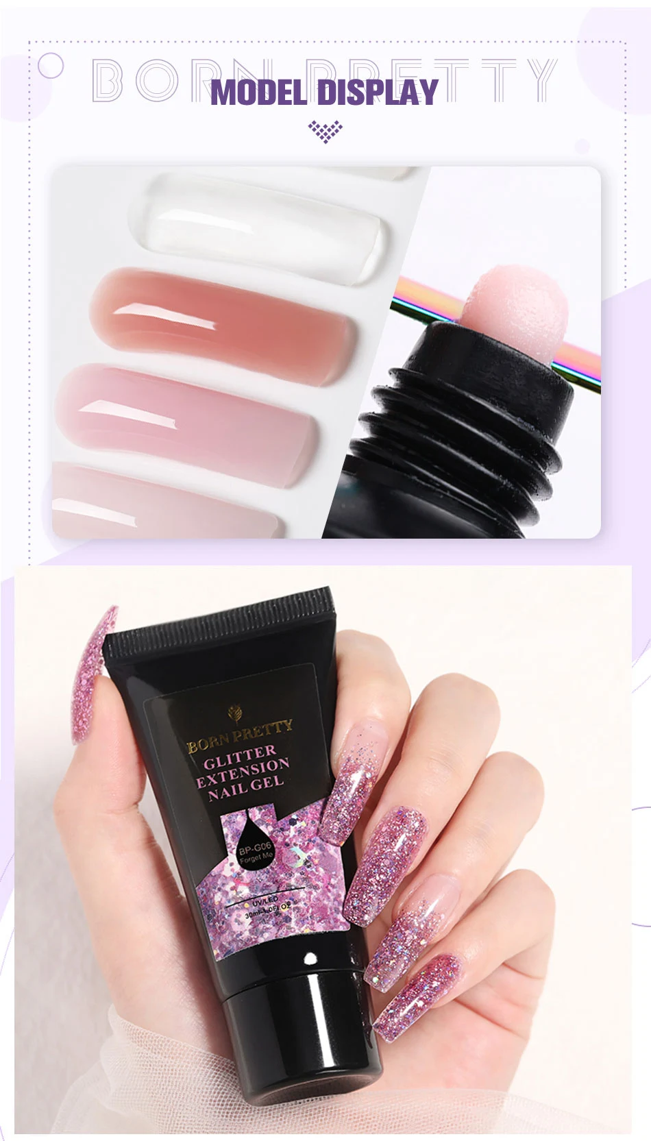 BORN PRETTY 30/20ml Glitter Acrylic Gel Finger Extension Silver Pink Extension Gel Soak Off Nail Art Gel Varnish