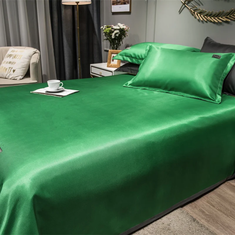 2021 Newest Products Pure Color Embroidered ice Silk Mat Bed Cover fitted sheet Pillowcases 3 pcs Luxury Bedding Green Color