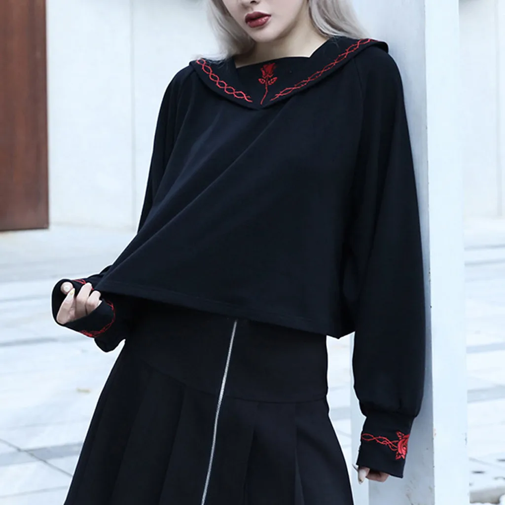Готический панк женские классические черные толстовки с длинным рукавом дикие цветы вышивка кофты топы для девочек осень ретро повседневные пуловеры