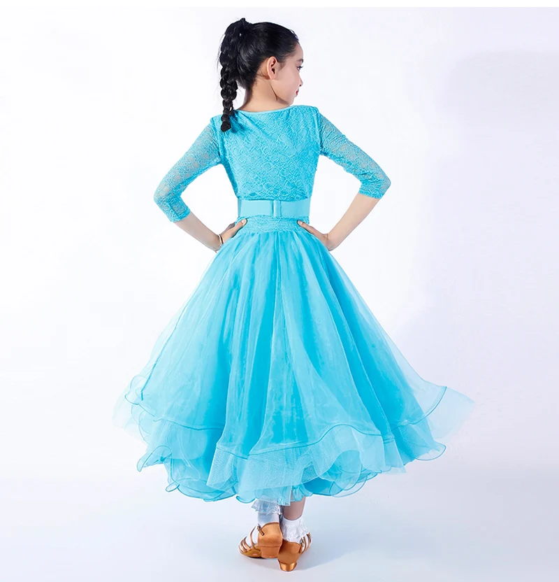Синее бальное танцевальное платье es, детское элегантное кружевное платье с рукавами, вальс-конкурс, танцевальная юбка для девочек, бальное платье Танго