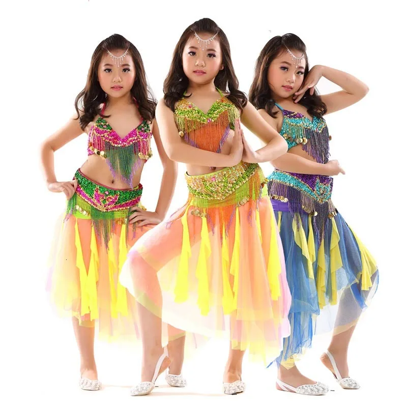 Girl Bollywood Dance Wear Child Belly Dance Clothing 3pcsSet Beaded Bra Belt Skirt Indian Kids Bellydance Performance Costume (2)