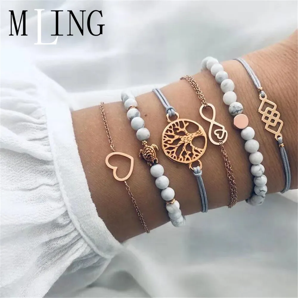 Женский винтажный браслет MLING 6 шт./партия с натуральным камнем и бусинами