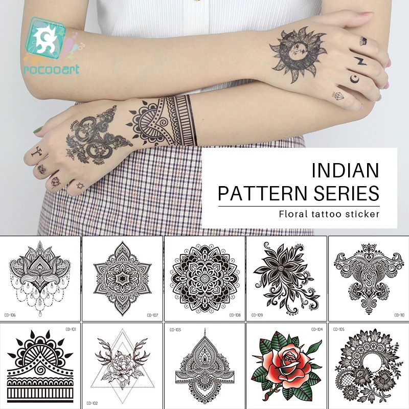 

Rocooart Indian Arabic Black Flower Design Temporary Body Tattoo For Girls Female Hand Decor Traditional Pattern Taty Sticker