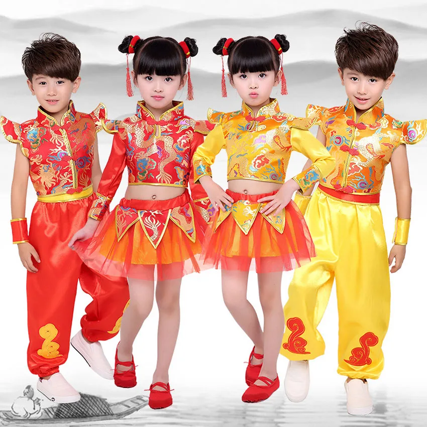 Beste Chinese Traditionele Nieuwjaar Kostuums Draak en Leeuw Dans Kinderen Kinderkleding Set Rode Kungfu Wushu Uniform Tang Pak Hanfu