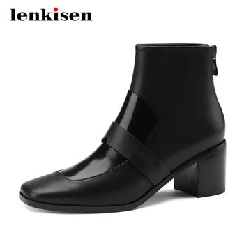 

Lenkisen 2020 work boots genuine leather mixed colors square toe thick high heel zipper office lady dating dress ankle boots L30