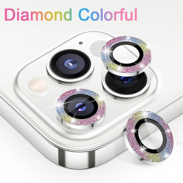 Diamond Glitter Camera Lens Protector On For iPhone 13 12 11 Pro Max Mini Metal Ring Lens Glass On iPhone 13 Pro Max Protective Diamond Colorful