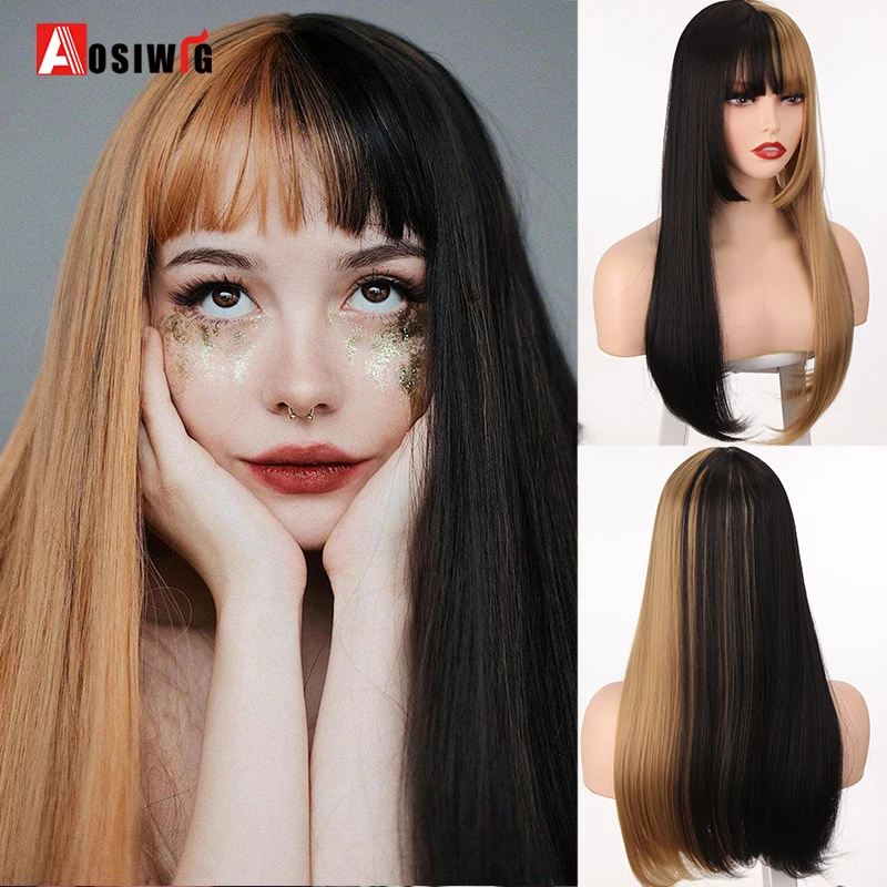 AOSI Lolita Cosplay Long Wig Half Pink Blonde Black Straight Hair Daily Synthetic Wigs With Bangs For Women African American