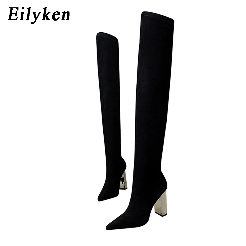 Tanie Eilyken 2020 zima ciepła moda Stretch kozaki za udo kobiety Over Knee Boot grube szpilki czarne szpiczaste Femme skarpetki Boot