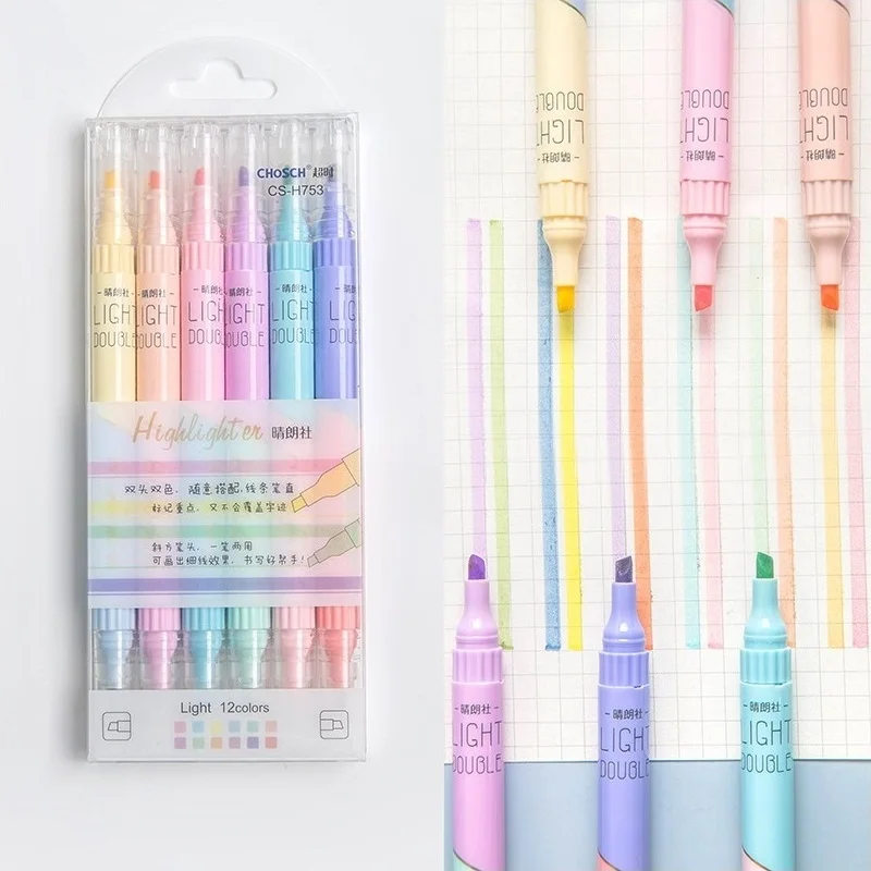 6pcs Light Highlighter Pens Set 3mm Dual Ended Double Color Marker Liner Drawing Pen Paint Art Office School Supplies A6477