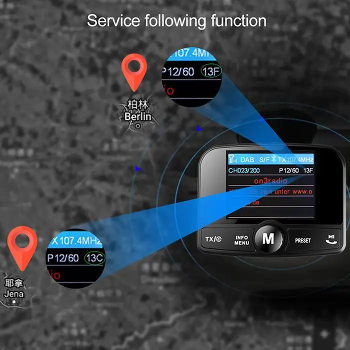 Автомобильный fm-передатчик dab цифровой радио 0.9dB 5V 15m 95% 64GB MP3 комплект 0.1A громкой связи 10Hz 2040-2480MHz