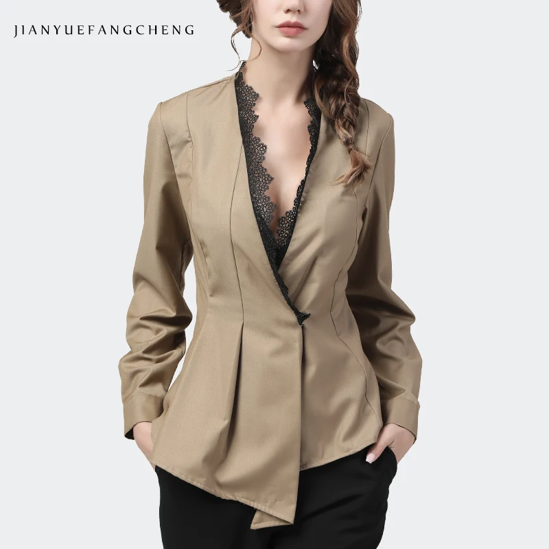 2020 Autumn New Women Khaki Tops Long Sleeve V